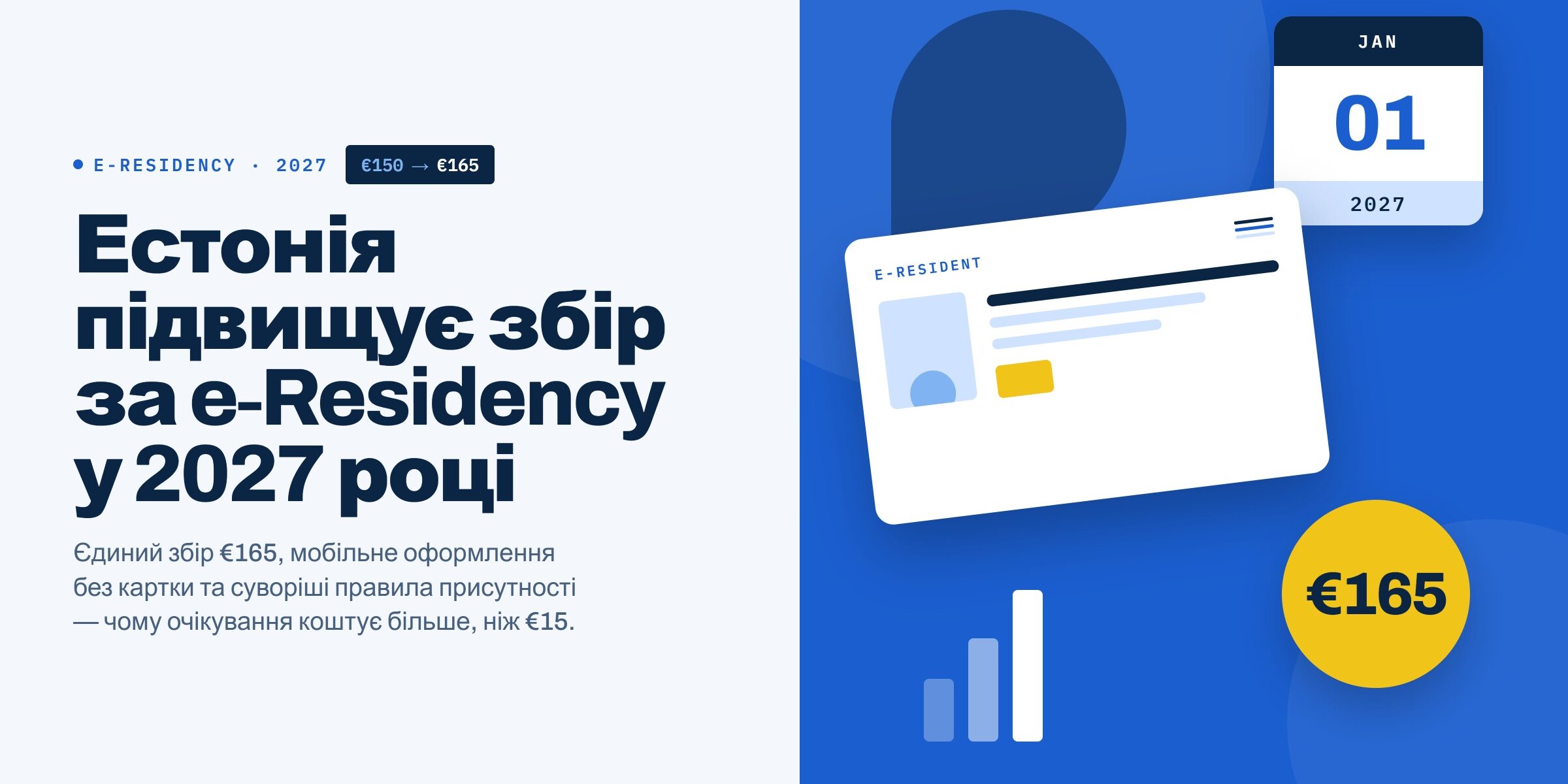 Обкладинка статті: Естонія підвищує державний збір за e-Residency з €150 до €165 у 2027 році